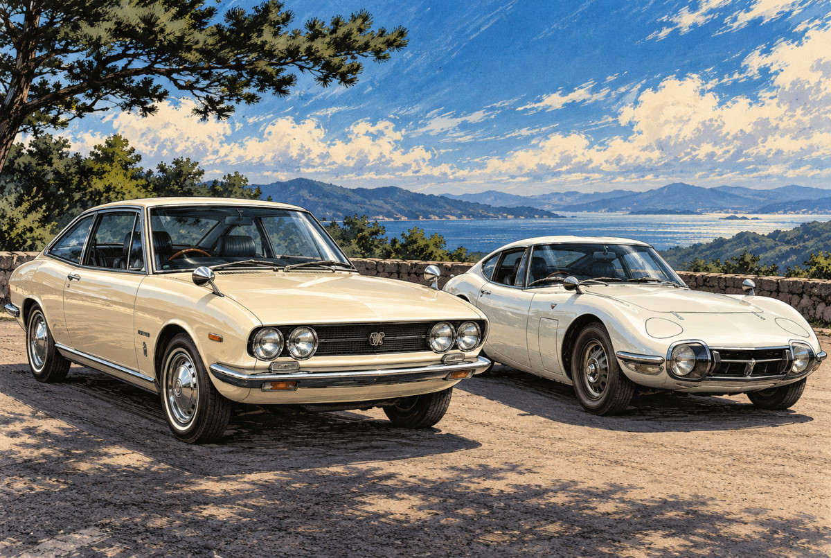 いすゞ117クーペとトヨタ2000GTを並べたAI生成の比較イメージ