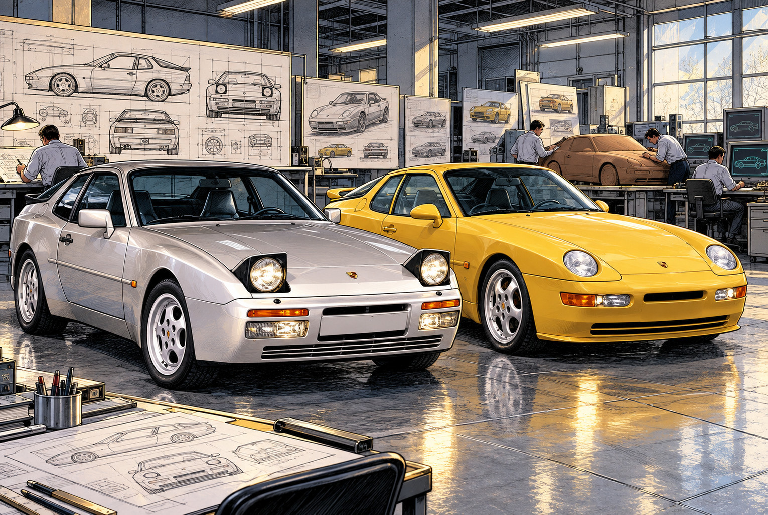 後期ポルシェ944 S2と968を並べた開発施設のAI生成イメージ
