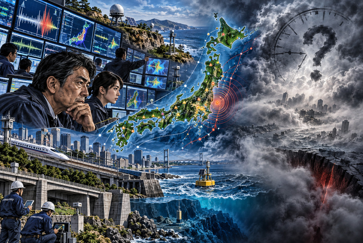 日本列島の地震観測と正確な発生日時を予知できない科学的限界を示したイメージ