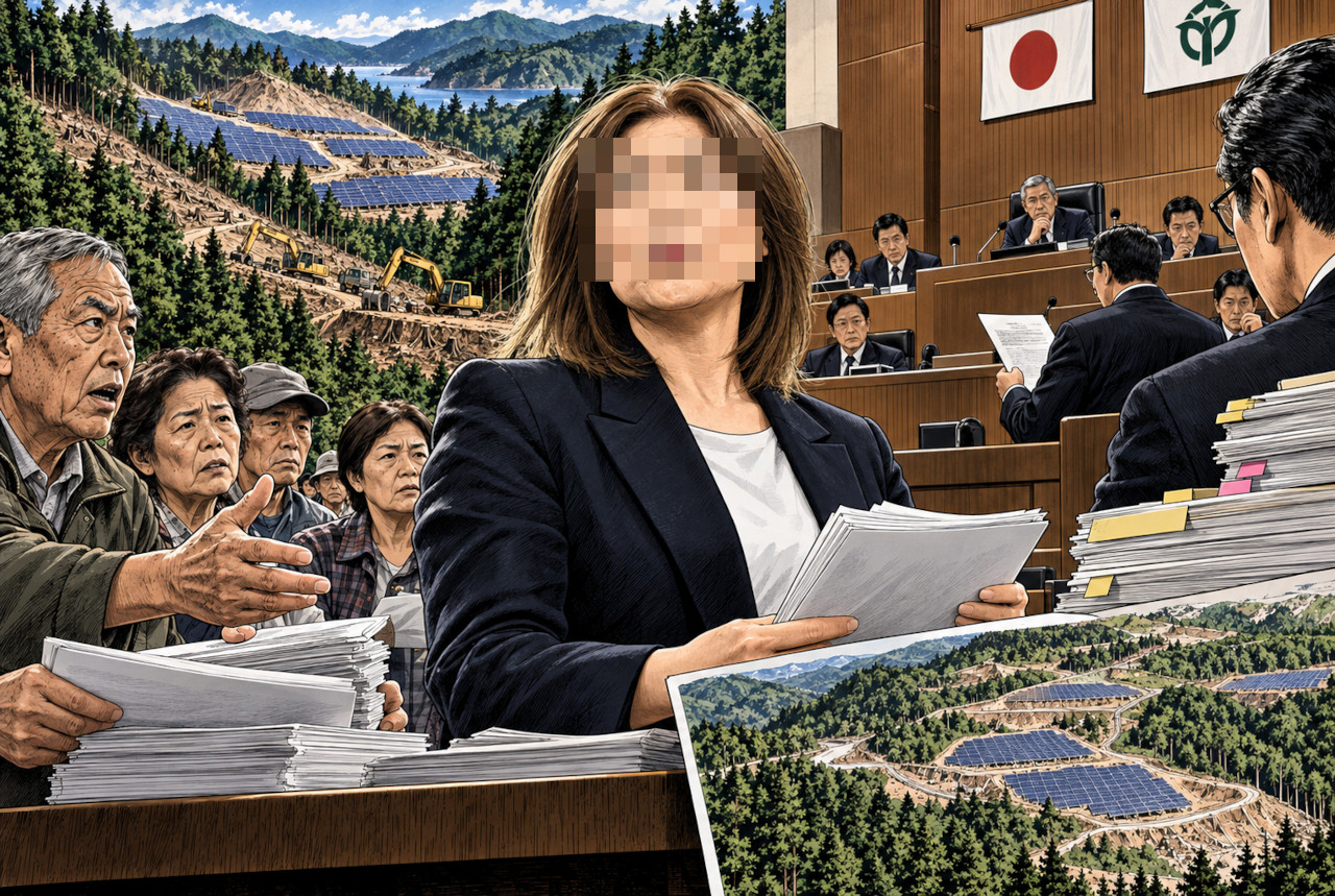 伊豆高原メガソーラー問題が住民運動や市議会、行政手続きへ広がる様子を描いたイメージ