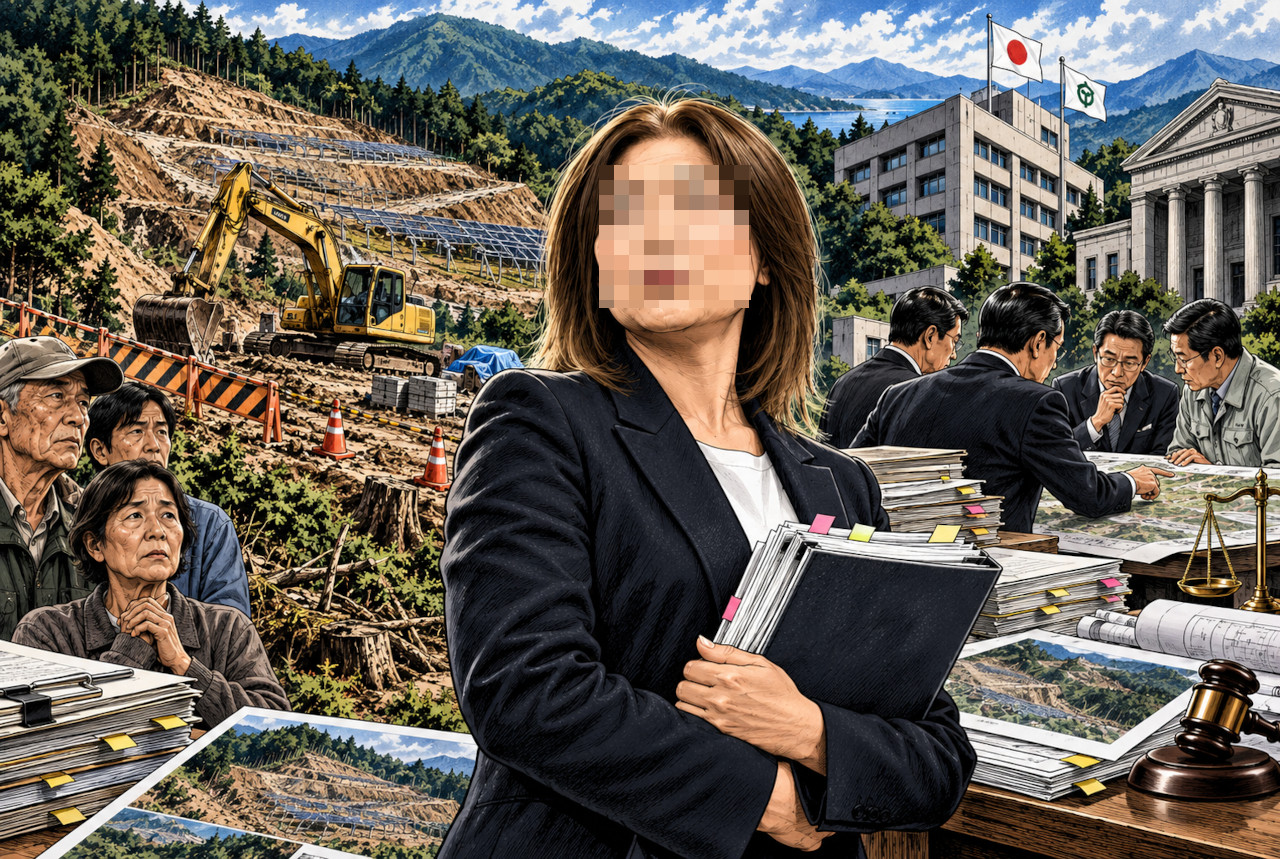 停止状態のメガソーラー計画を許認可や裁判関係の書類とともに描いたイメージ