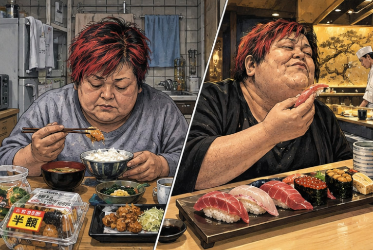 普段の質素な食事と月に一度の高級寿司を比較したAI生成イメージ