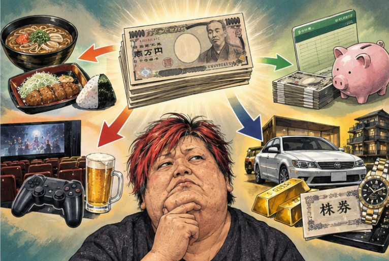 生活費や娯楽、預貯金、車、貴金属、有価証券と資産性の違いを表したAI生成イメージ