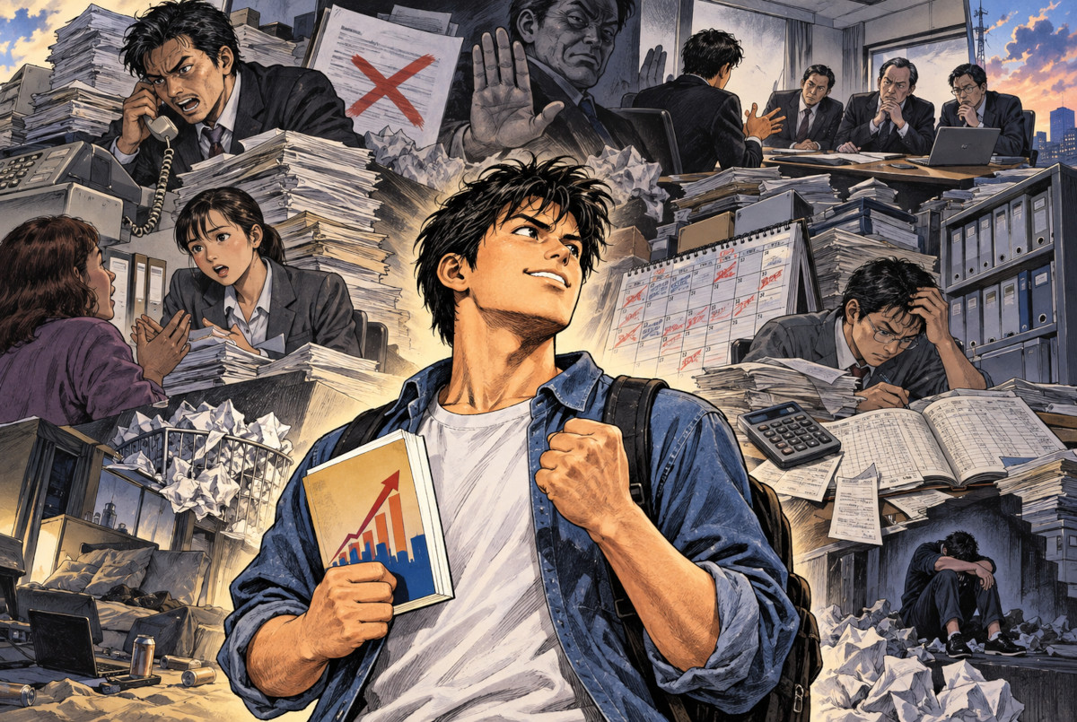 成功本を手に起業を夢見る若者と、その背後にある営業や契約、会計、失敗経験など実務の壁を描いたイメージ