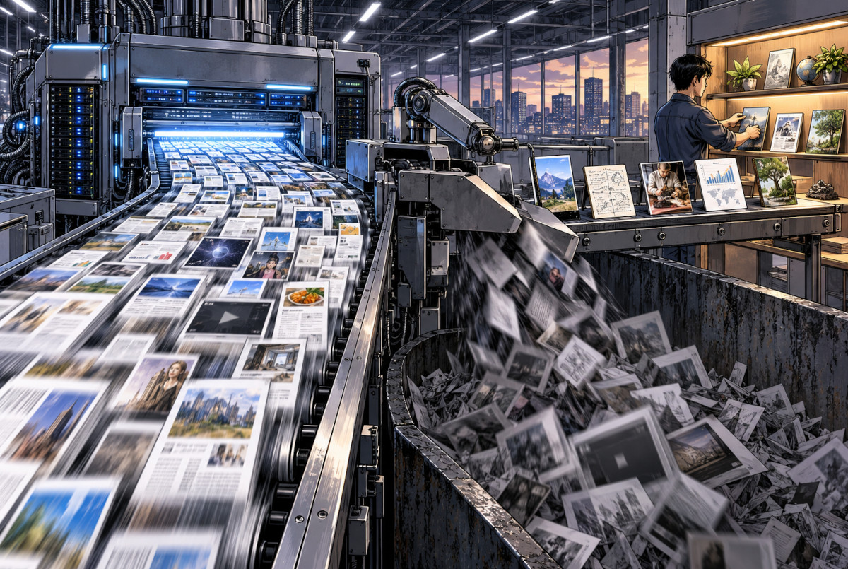 AIで大量生成されたコンテンツの多くが選別され、独自性や経験のある少数だけが価値ある資産として残るイメージ