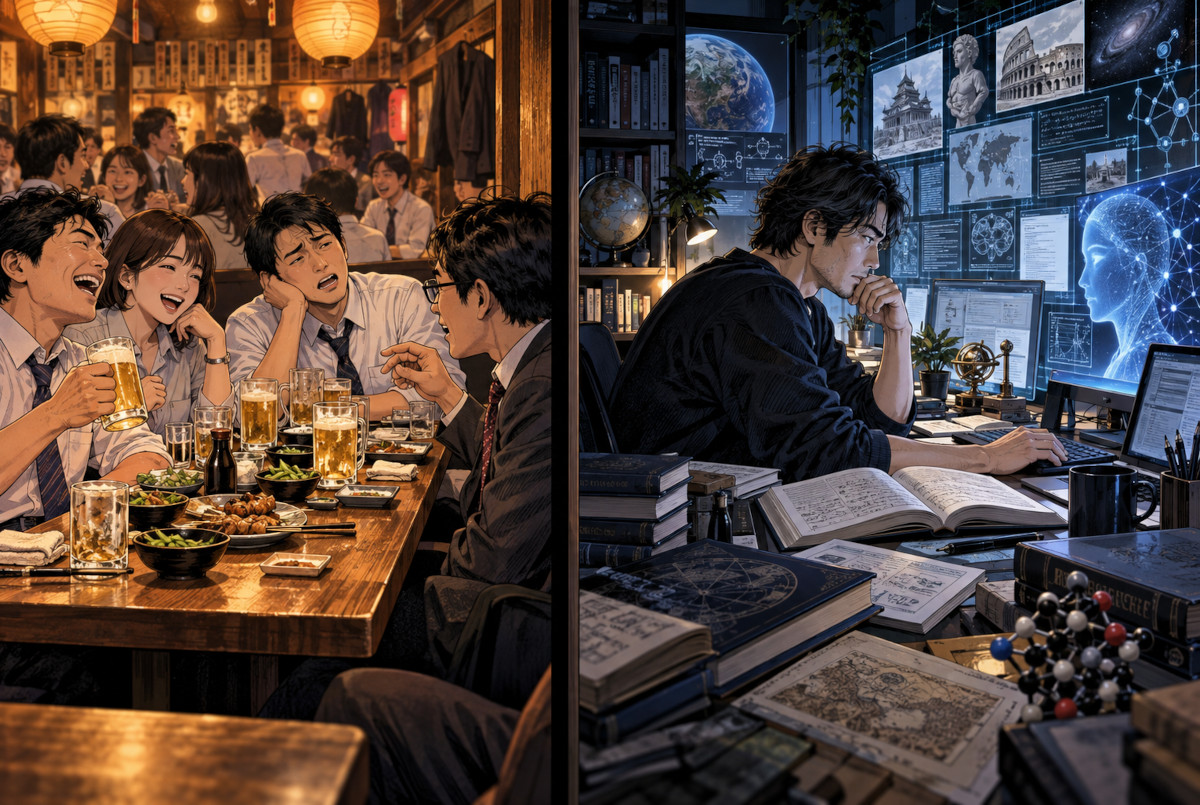 居酒屋で談笑する会社員とAIを使って資料を調べる人物を対比したイメージ