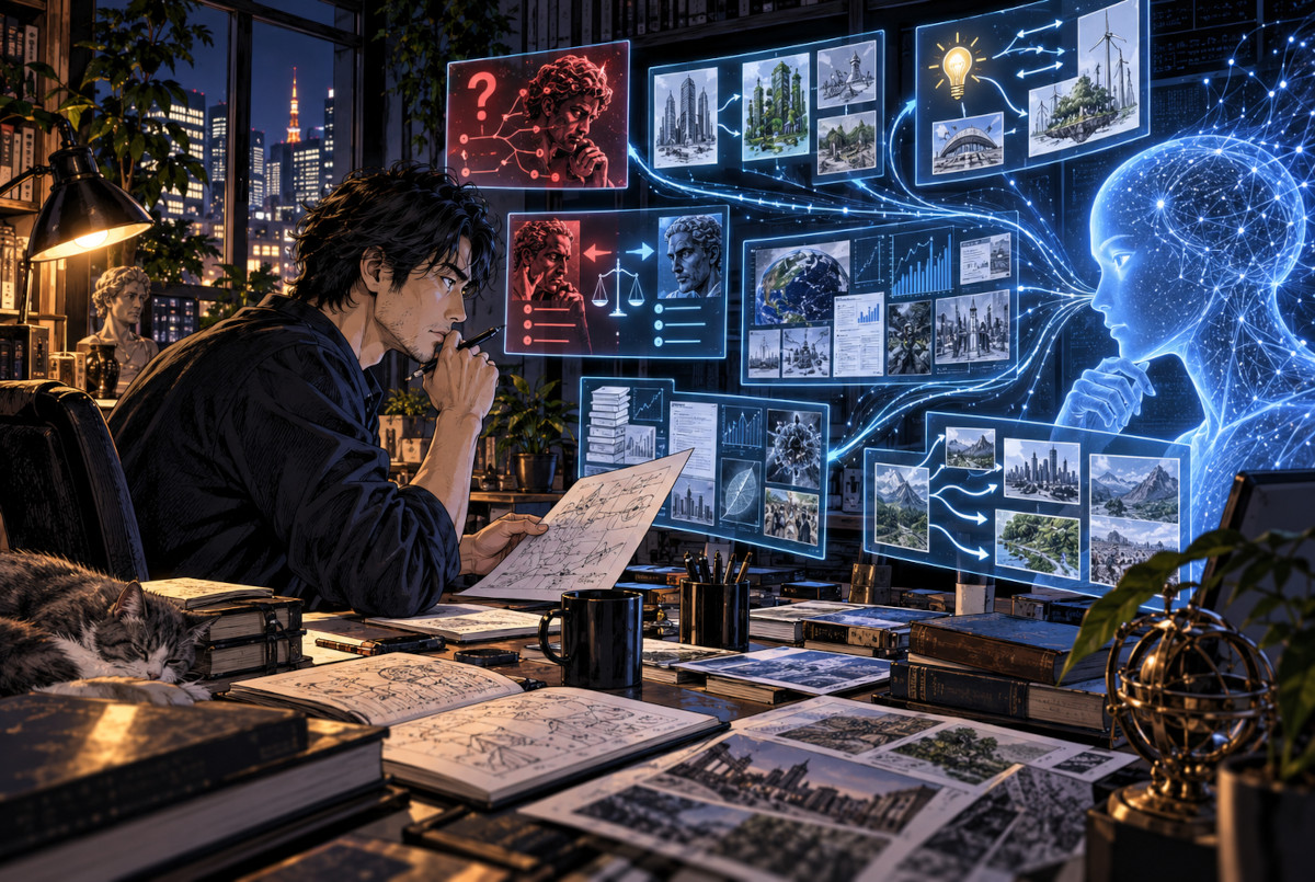 AIから反論や別視点を受けながら資料を比較検討する人物のイメージ