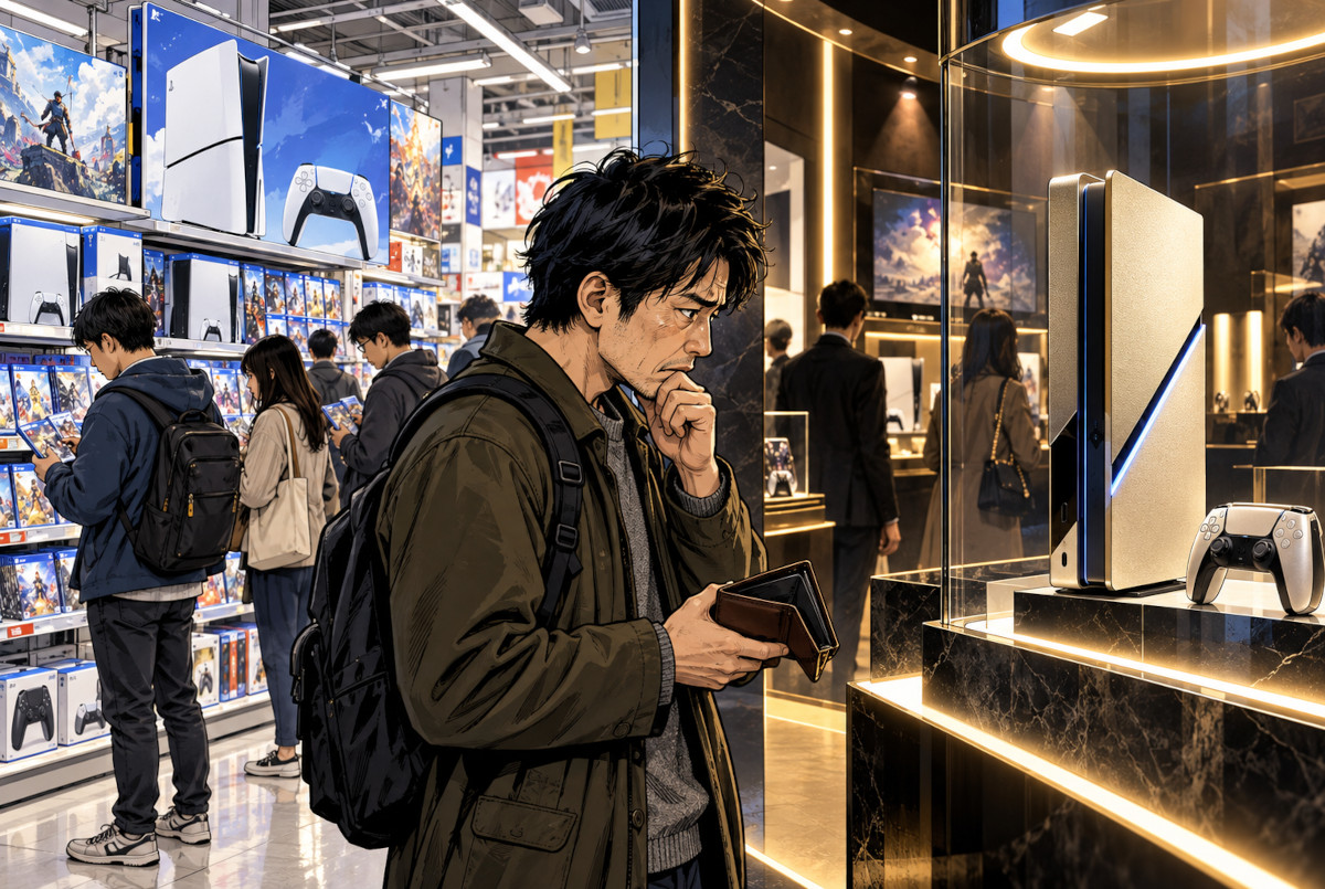 ゲーム機の価格上昇と高級品化を表現した家電量販店のAI生成イメージ