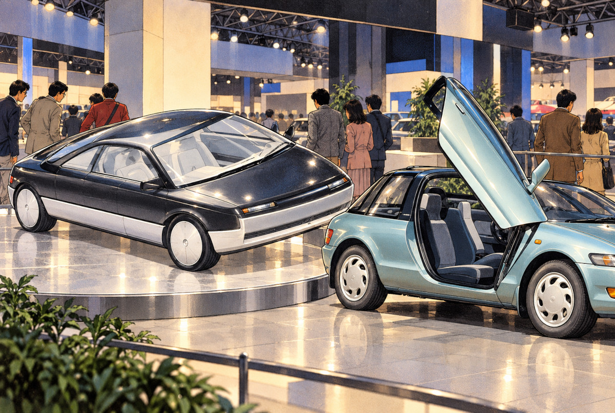 AXV-IIから量産型トヨタ・セラへ発展する流れをイメージしたイラスト