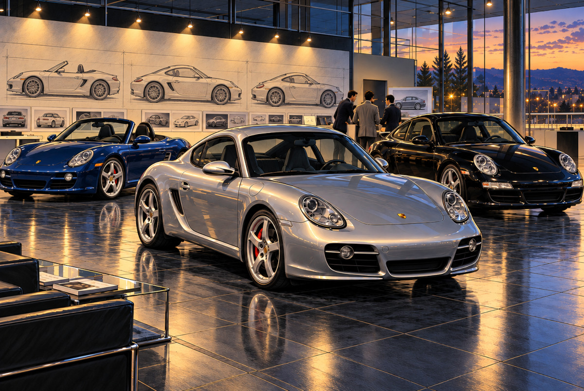 初代ポルシェCayman S、987 Boxster、997型911を並べたAI生成比較イメージ
