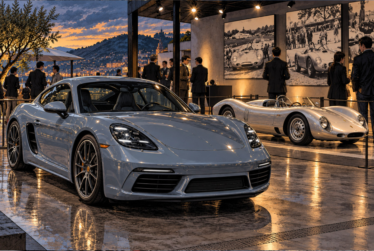 現代のポルシェ718 Caymanと歴史的な718レーシングカーを並べたAI生成比較イメージ