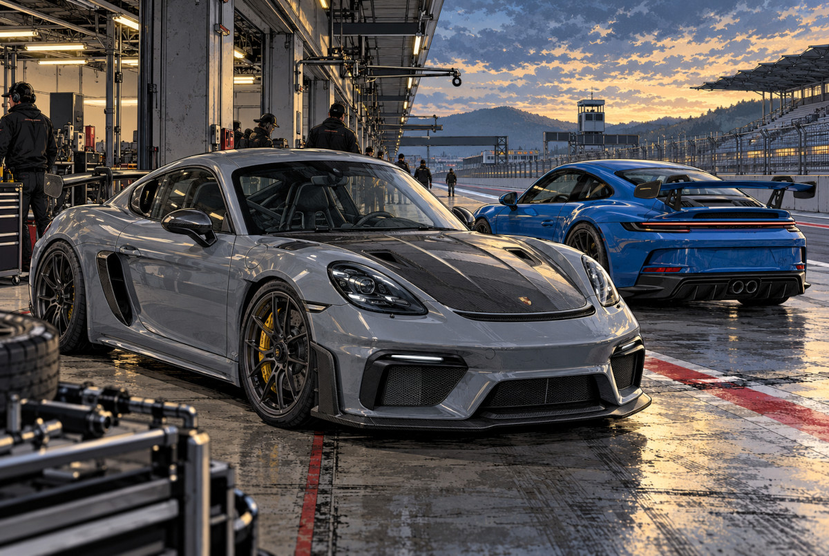 ポルシェ718 Cayman GT4 RSと992型911 GT3を並べたAI生成比較イメージ