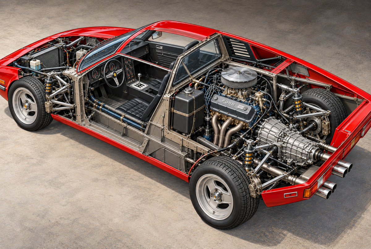 デ・トマソ・パンテーラの351 Cleveland V8とZFトランスアクスル配置イメージ