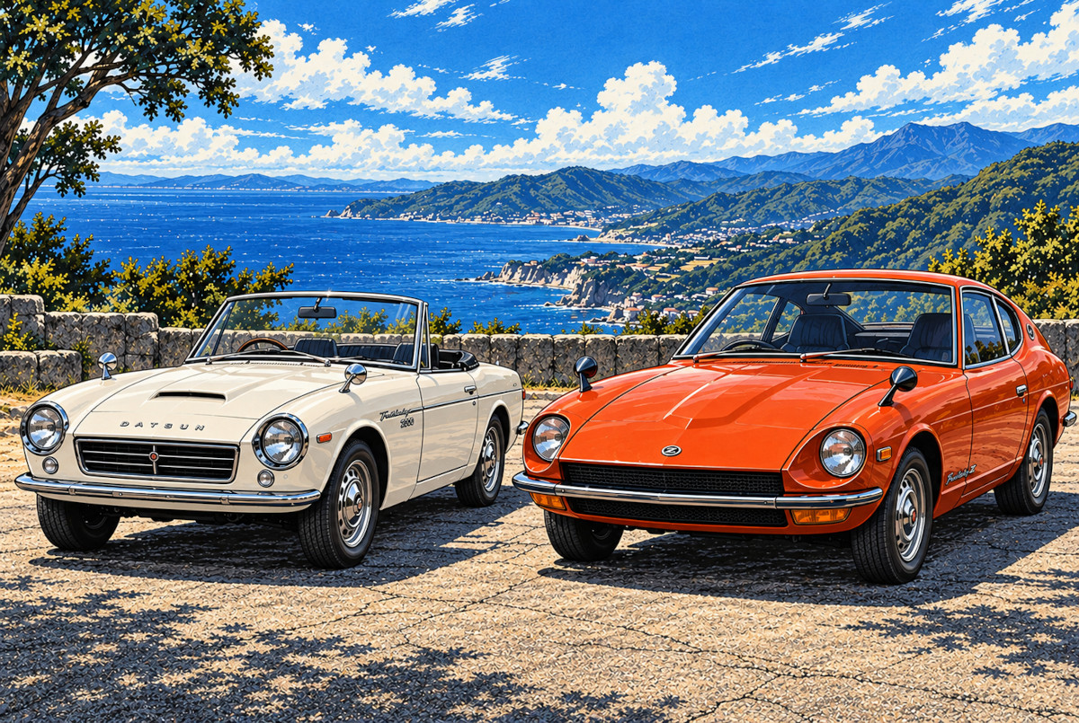 フェアレディ2000 SR311と初代フェアレディZ S30を並べたAI生成比較イメージ