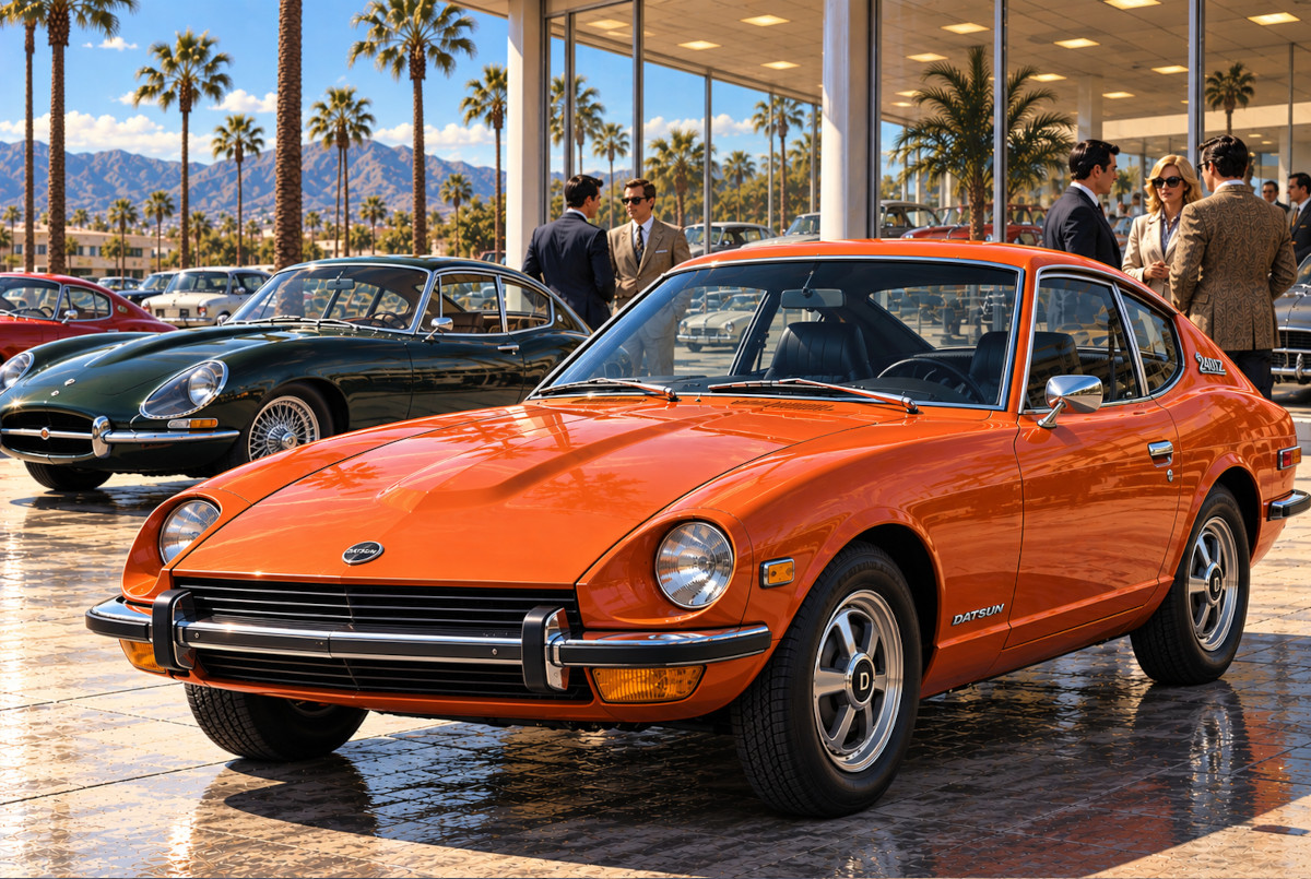 1970年前後の北米仕様Datsun 240Zと欧州スポーツGTを対比したAI生成イメージ