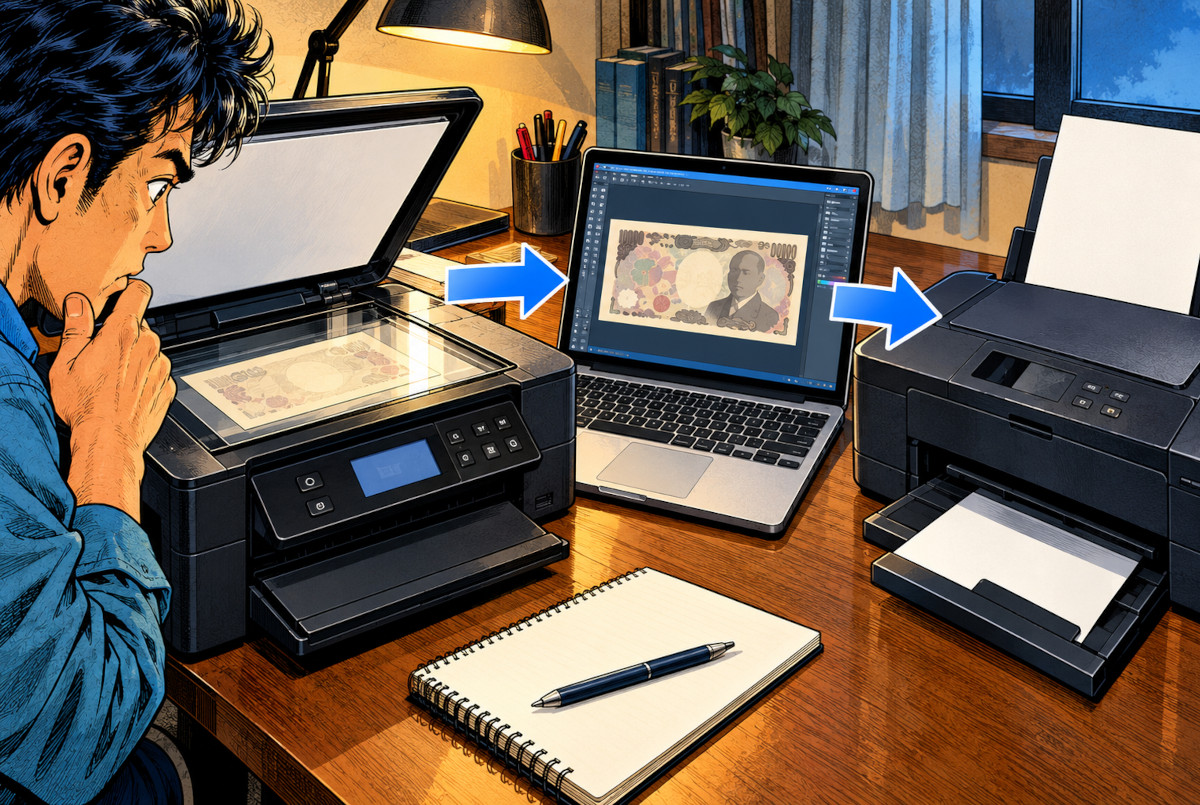 Illustration showing a banknote-like image being scanned into a computer before the printing stage