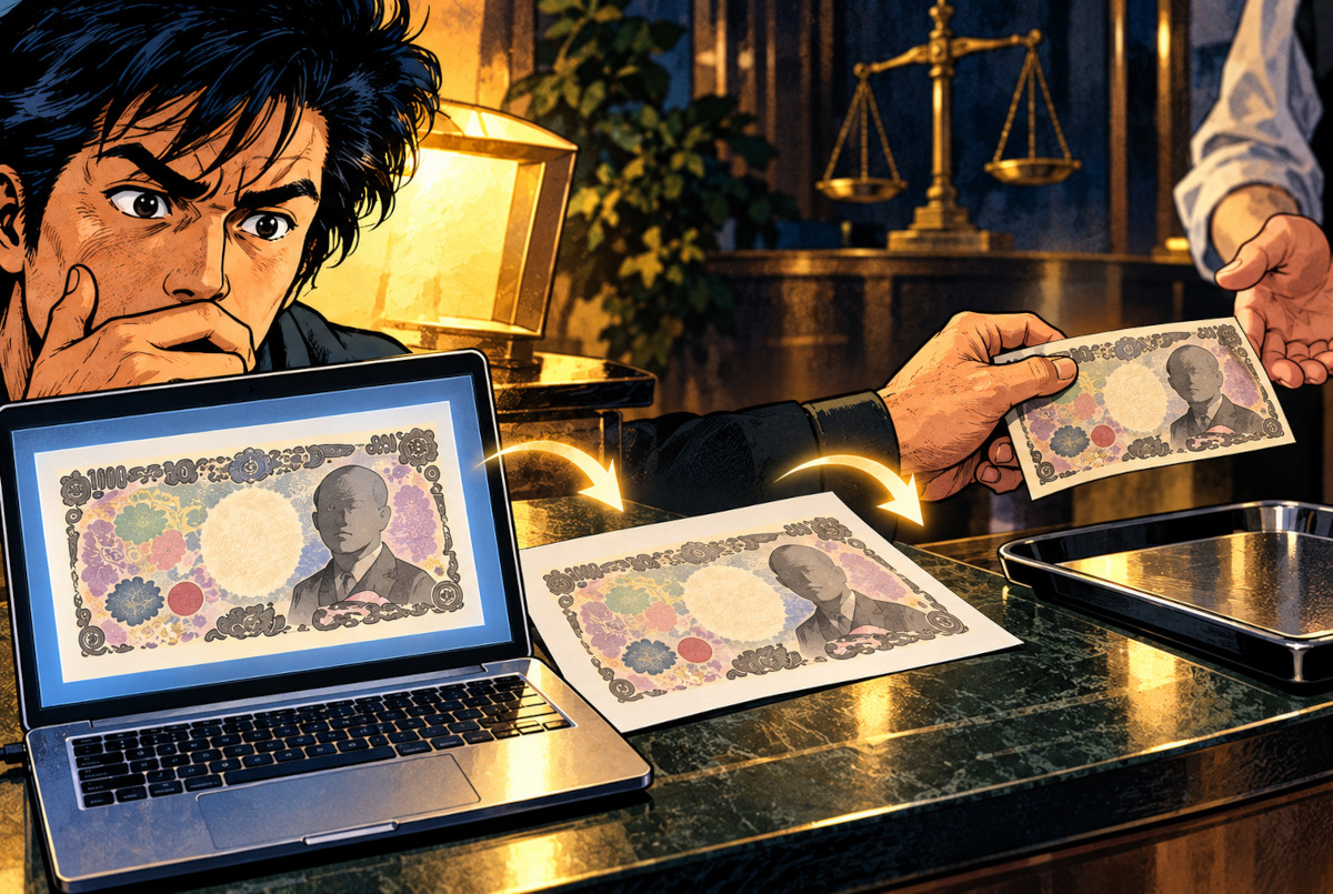 Illustration showing the stages from a digital banknote image to a printed imitation and attempted use or transfer