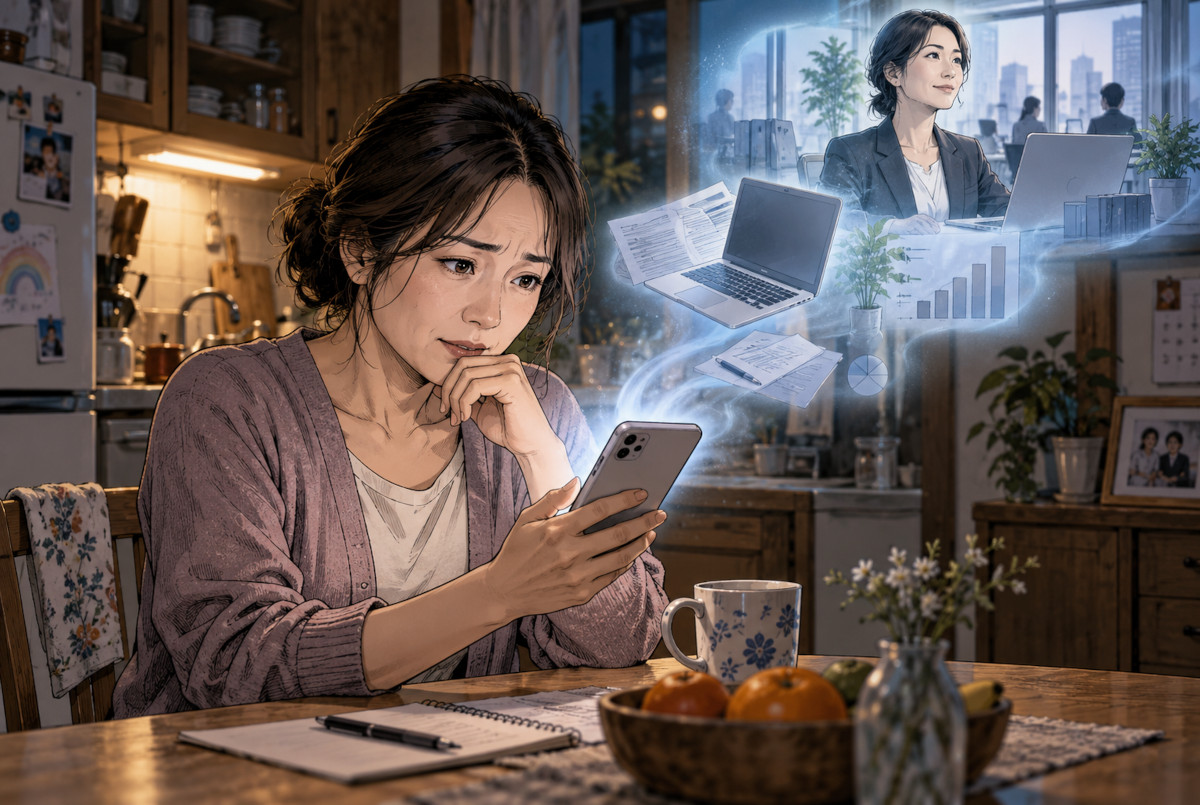 スマホのAIを使いながら事務パートへの転職を考える40代主婦