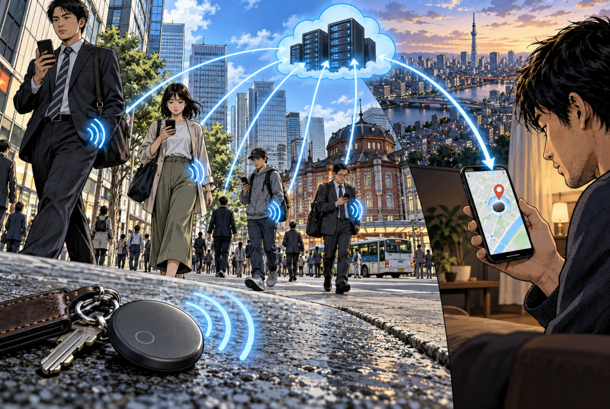 Bluetoothタグの信号を周囲のスマートフォンが検出し、探すネットワークを通じて所有者へ位置情報を届ける仕組みのイメージ