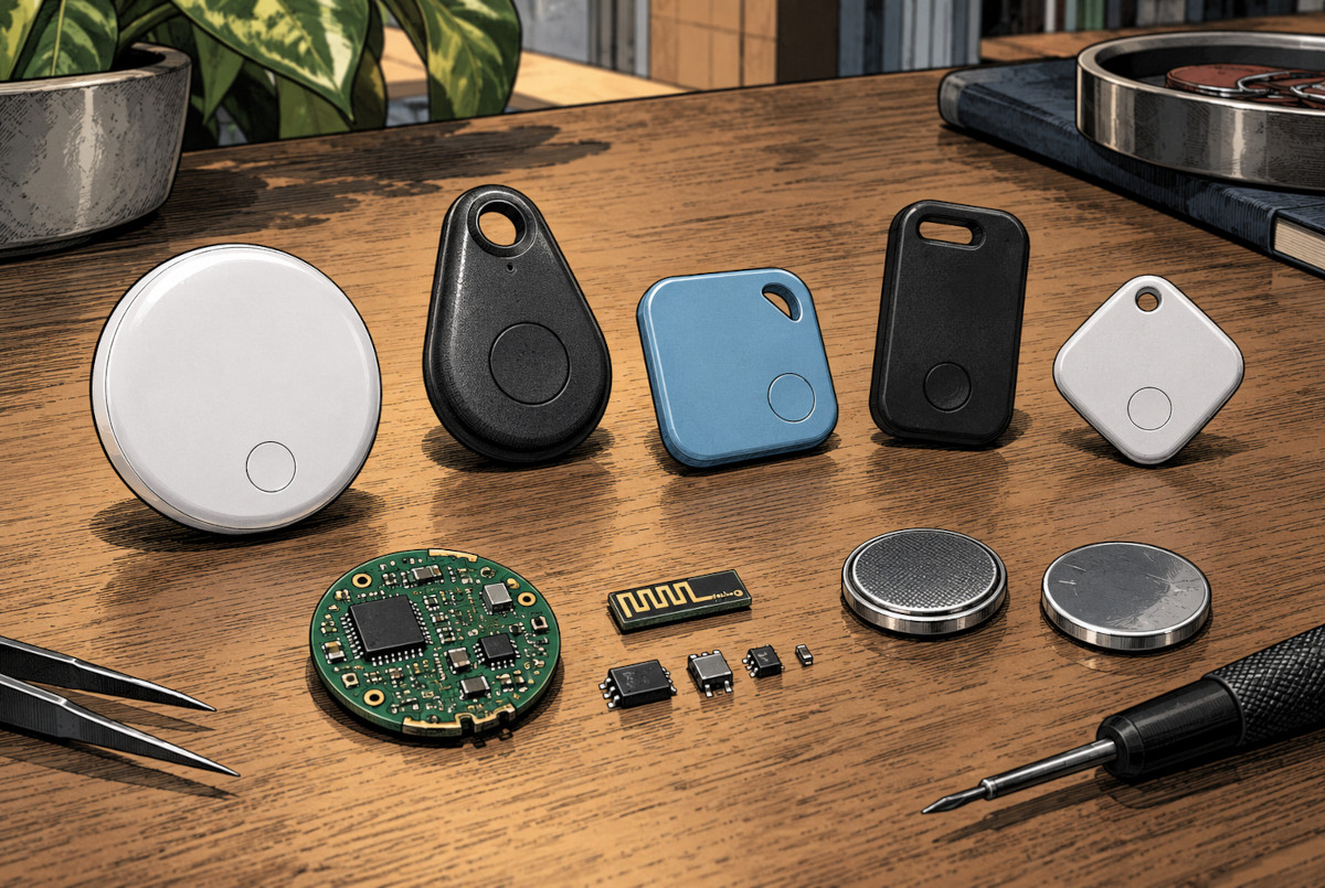 複数のBluetooth紛失防止タグと小型基板、アンテナ、CR2032コイン電池を並べた構造イメージ