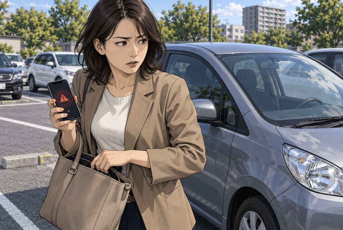 駐車場でスマートフォンの不明なトラッカー警告に気付き、バッグや自分の車を確認する女性のイメージ
