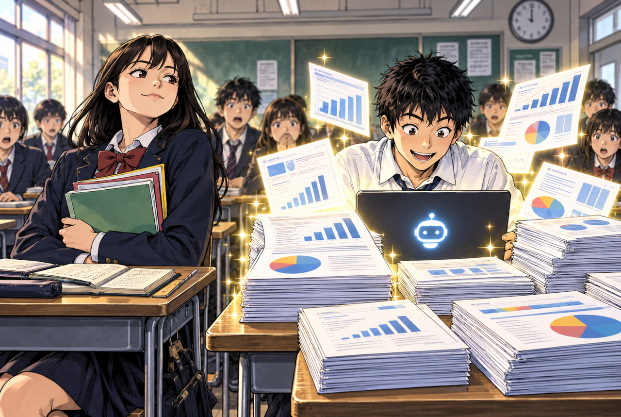 Illustration showing AI narrowing the performance gap between a high-performing student and a struggling student