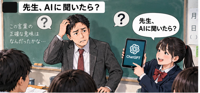 授業中に困った先生へ生徒がタブレットを示し、AIの利用を提案する教室のイメージ