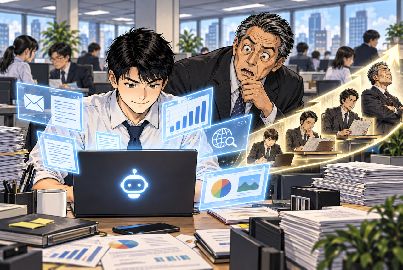 Rookie office worker using AI to rapidly catch up with an experienced employee