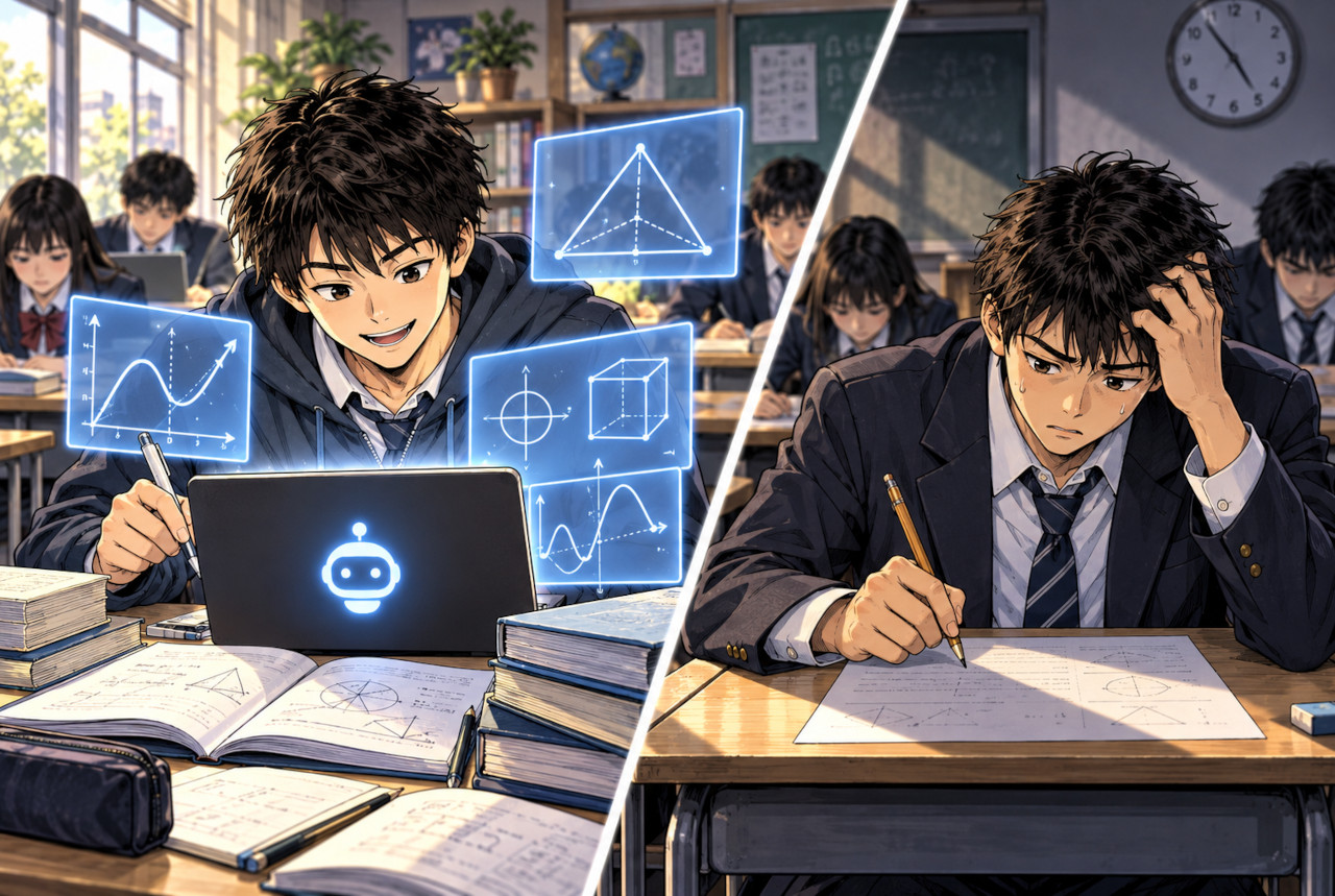 Student solving mathematics confidently with AI but struggling later during an exam without AI