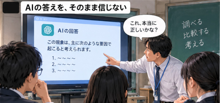 大型モニターに表示したAIの回答を先生と生徒が一緒に検証している教室のイメージ