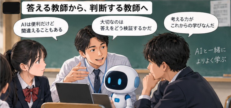 先生と生徒がAIを使いながら、回答の正しさや情報の確かめ方について話し合う教室のイメージ