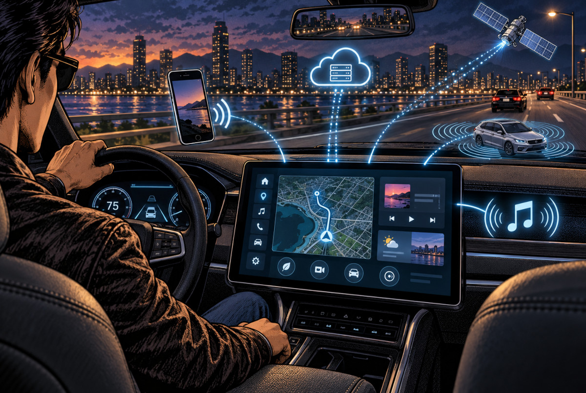 スマートフォンやクラウド、GPS、車両情報と連携する現代の車載ディスプレイのイメージ