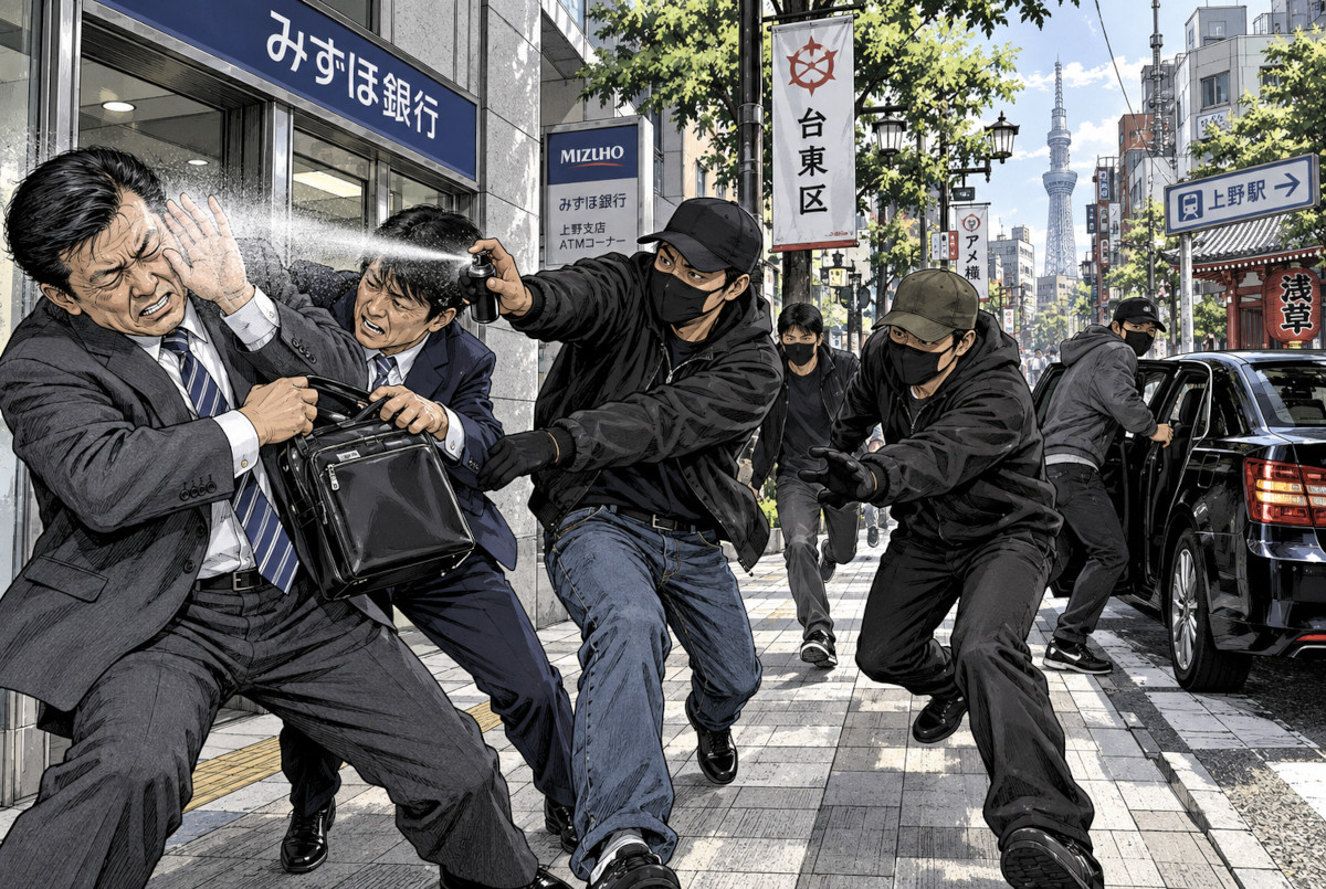 AI-generated illustration of the attempted 47 million yen robbery in Taito Ward, Tokyo