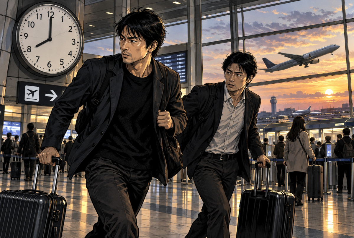 AI-generated illustration symbolizing suspects leaving Japan by air about eight hours after the attempted robbery