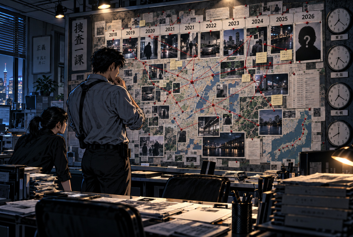 AI-generated investigation board symbolizing the eight-year investigation from 2018 to 2026