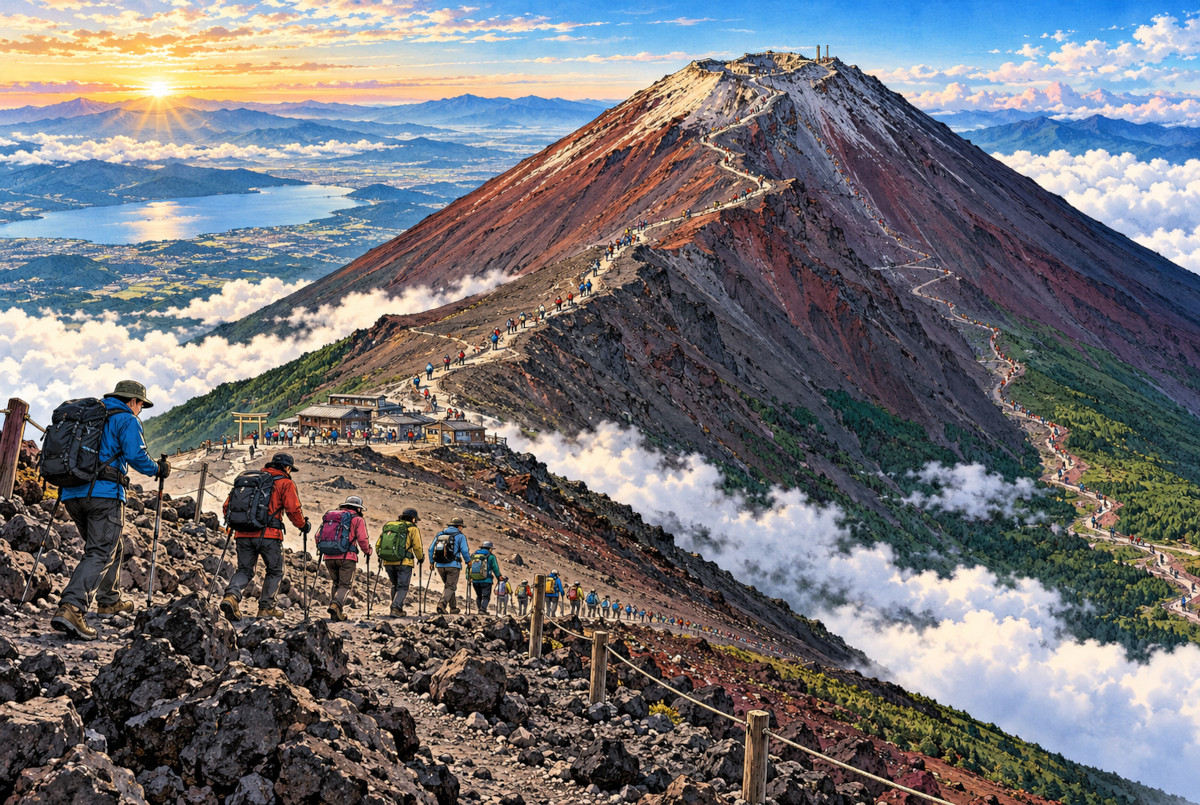 富士山吉田ルートを登る登山者と長い登山道を表したイメージ