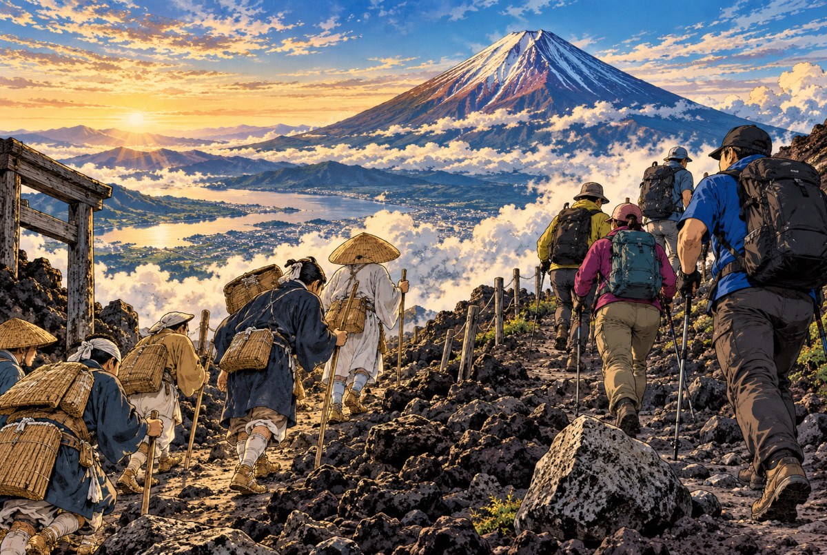 江戸時代の富士講による登拝と現代の富士登山を対比したイメージ