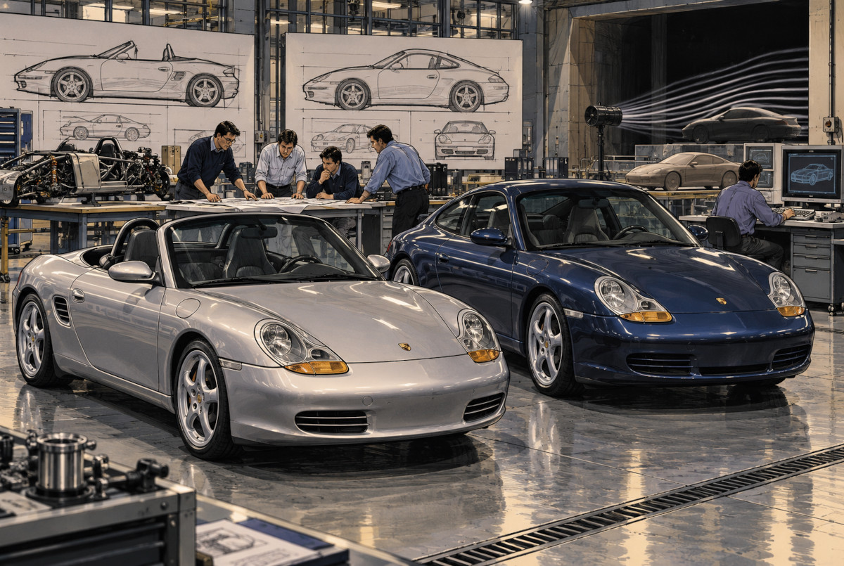 初代986 Boxsterと初期996型911の共通設計を表現したAI生成比較イメージ