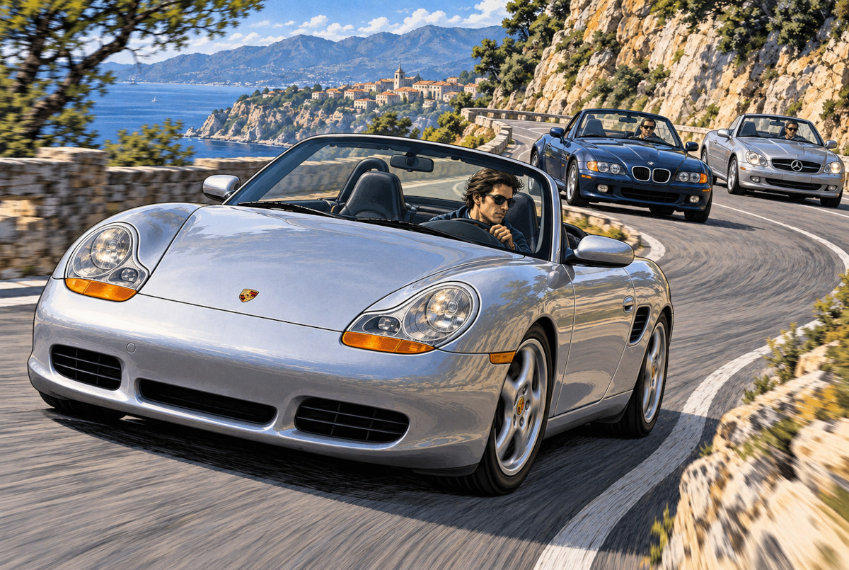 初代Porsche Boxsterと同時代のBMW Z3、Mercedes-Benz SLKを描いたAI生成比較イメージ