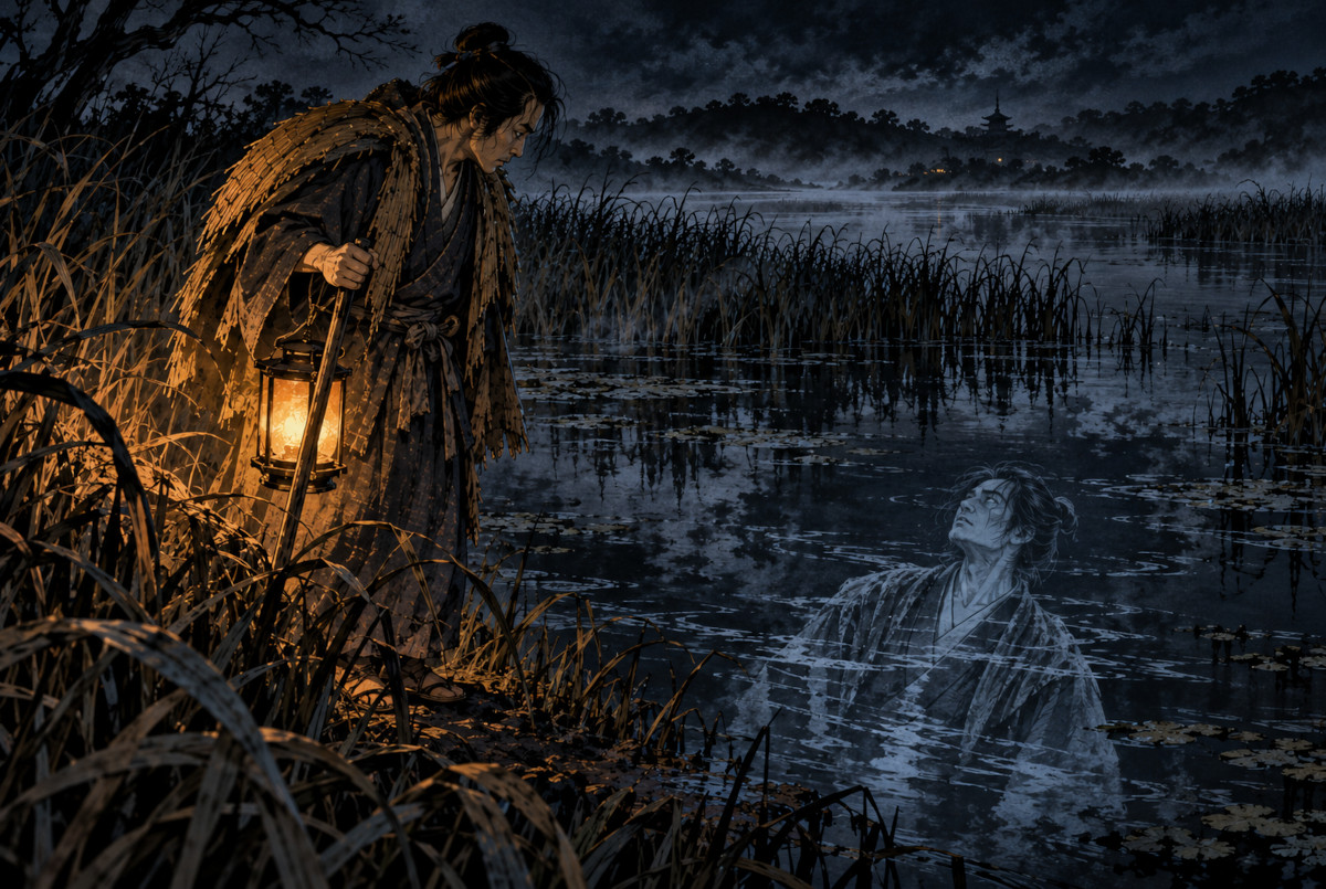 夜の印旛沼をイメージした水辺で旅役者と幽影を描いたAI生成イラスト