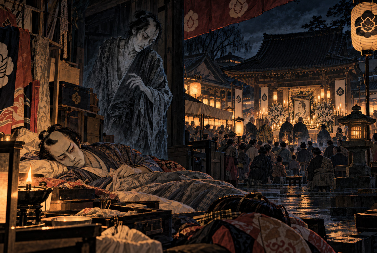 1808年の市村座の幽霊騒動と回向院の大施餓鬼を象徴的に表現したAI生成イラスト