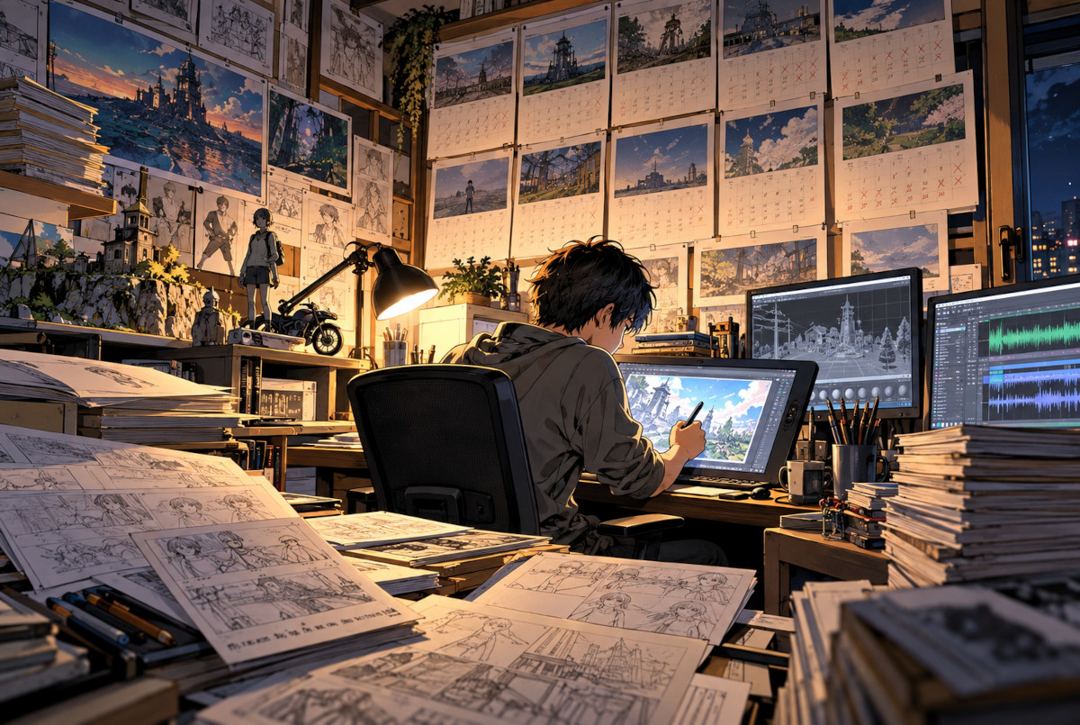 何年分ものカレンダーと制作資料に囲まれ、一人でアニメ制作を続けるクリエイターのイメージ