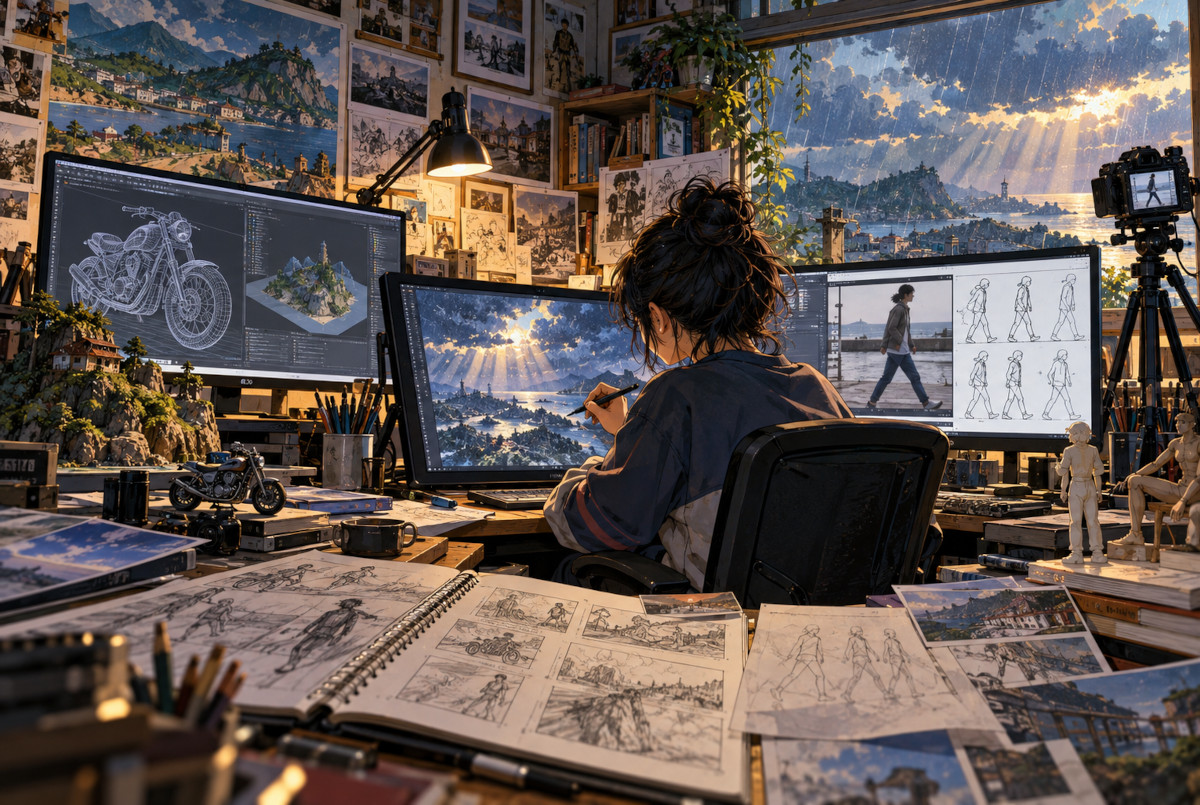 3D、背景制作、実写参照など複数の方法を組み合わせてアニメを制作する個人クリエイターのイメージ