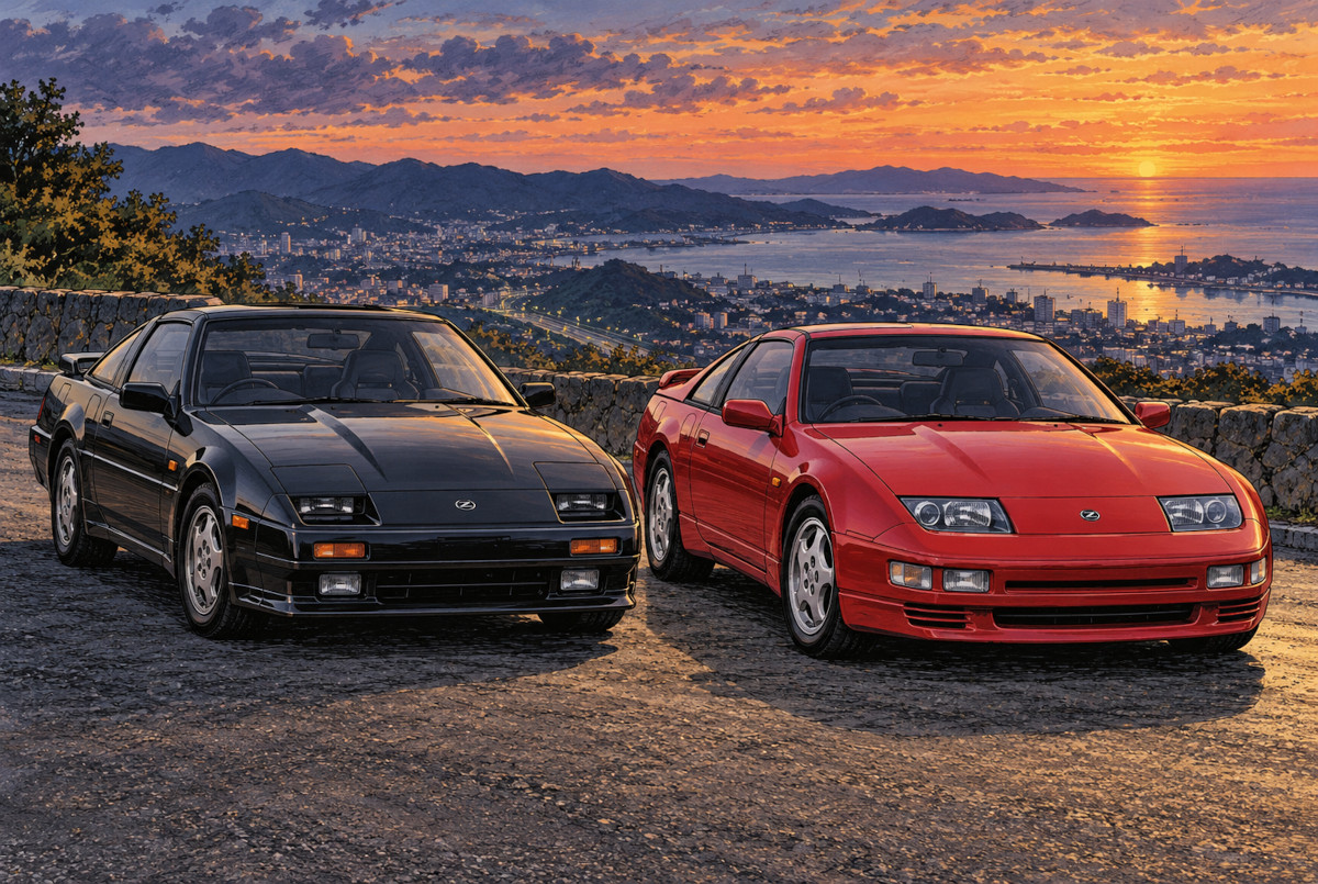 Z31型とZ32型フェアレディZのプロポーション変化を比較したAI生成イメージ