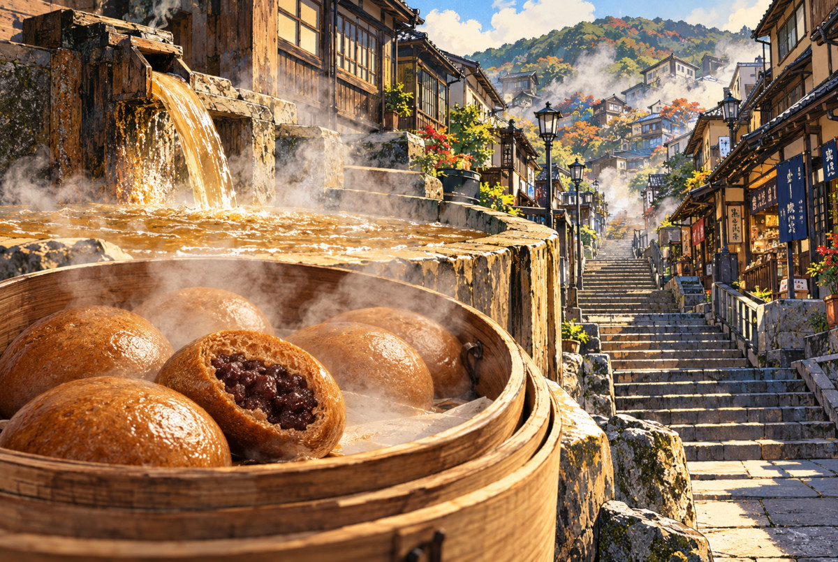 AI-generated illustration connecting brown mineral-rich hot-spring water with brown onsen manju in an old Japanese hot-spring town