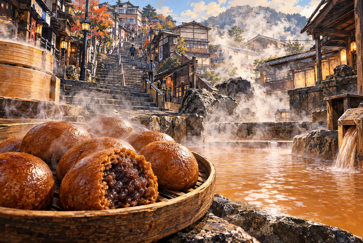 AI-generated illustration of a Japanese hot-spring town and familiar brown onsen manju as a symbolic travel souvenir