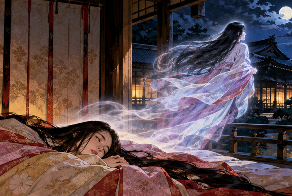 眠る平安風の女性から生霊のような半透明の姿が離れていくイメージ