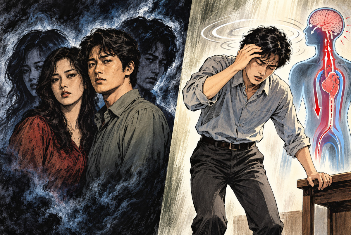 Gekiga-style illustration of two similar-looking adults facing each other in front of a mirror, evoking the doppelganger legend