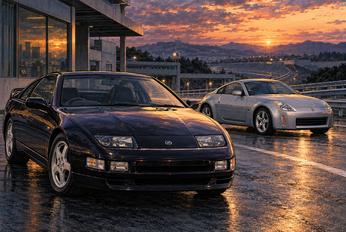 Z32型フェアレディZと復活したZ33型を並べたAI生成イメージ