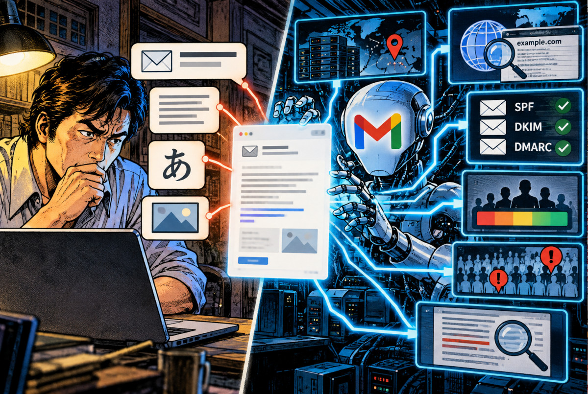 一通のメールを人間は本文中心に読み、Gmail側は送信元や認証情報など複数の要素から判定する概念イメージ